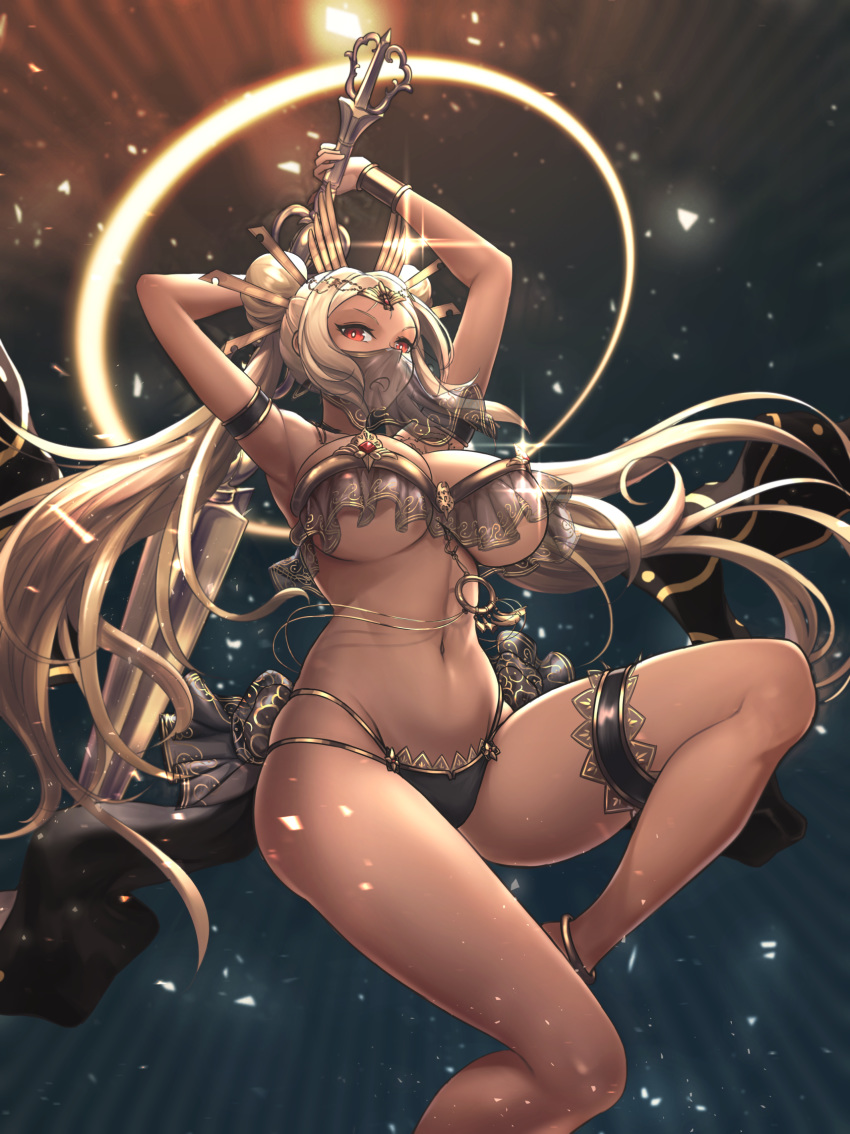 1girls anklet armlet belly_dancer belly_dancer_outfit blonde_hair bracelet breasts bright_pupils commentary_request dancer dancer_outfit dark_skin female female_only femsub halo harem_girl harem_outfit highres holding holding_staff jewelry large_breasts long_hair looking_at_viewer mouth_veil navel odachu original red_eyes revealing_clothes see-through skindentation solo staff submissive_female thighlet twintails voluptuous white_pupils