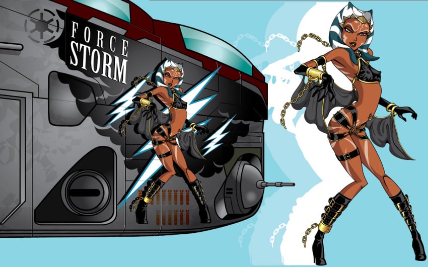 1girls ahsoka_tano chains clone_wars collar female female_focus female_only graffiti jedi jedi_padawan laat/i magelord nose_art orange_skin pin-up pin_up pinup sex_slave slave slave_ahsoka slave_bikini slave_outfit star_wars text the_clone_wars:_season_one the_first_magelord togruta vehicle