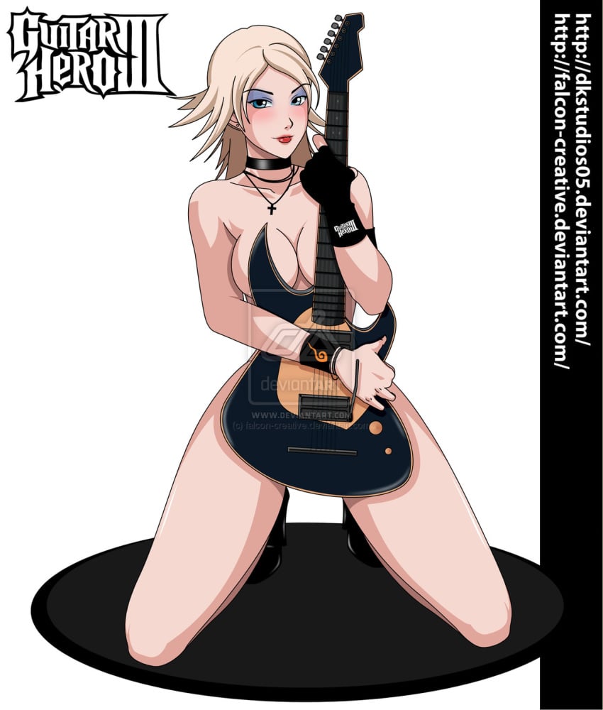 1girls blonde_female casey_lynch casual choker dk_studios exposed_torso eyeshadow female footwear guitar guitar_hero guitar_hero_iii:_legends_of_rock guitarist handwear harmonix human kneeling looking_at_viewer pale_skin solo tagme