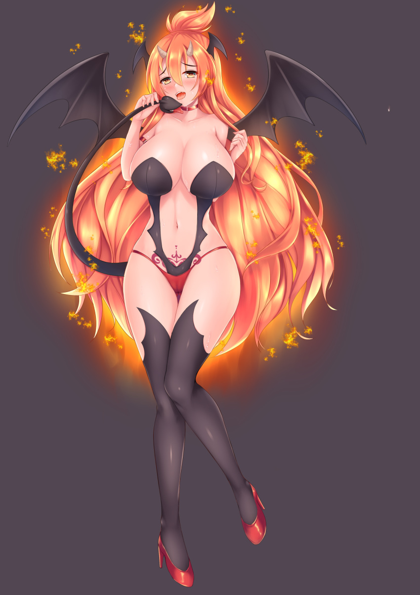 1girls big_breasts clevage clothed demon demon_girl euforianatsumi fire_hair hair_bun hellfire_(thundah-strike) horn monster_girl pin_up pink_skin pointy_chin pubic_tattoo stockings succubus succubus_costume succubus_horns succubus_tail succubus_tattoo succubus_wings sweat sweatdrop sweaty tail_mouth thick_thighs wings