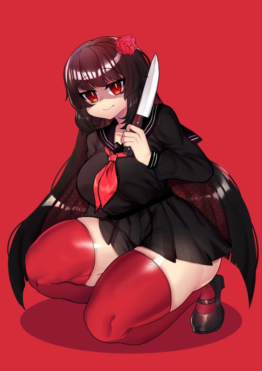 ass big_ass big_breasts big_butt dark_hair junko_(stalker_x_stalker) kneeling knife long_hair looking_at_viewer mary_janes original osiimi red_eyes school_uniform schoolgirl stalker_x_stalker thick_thighs thighhighs yandere