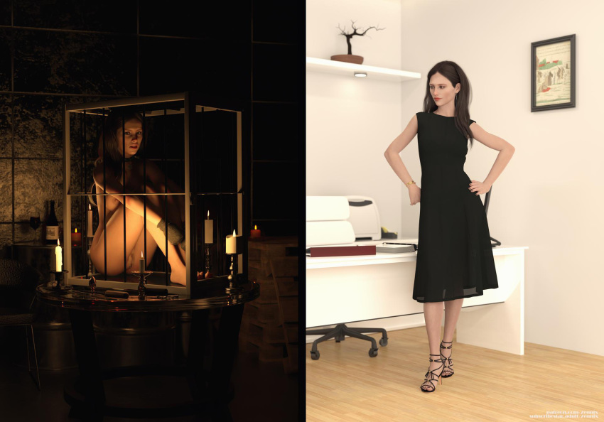 1girls 3d abducted before_and_after bondage breasts brown_hair cage caged candle censored collar dress female female_only femsub in_container kidnapped long_dress long_hair pussy solo torture wine zennix