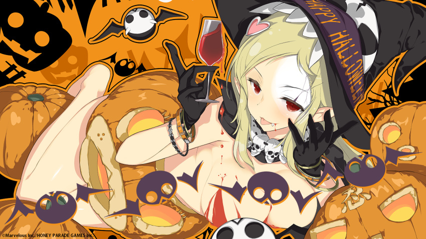 bat bats black_gloves blonde_hair breasts cleavage cup fangs female gloves halloween hat large_breasts legs long_hair looking_at_viewer marvelous nude pumpkin red_eyes senran_kagura sharp_teeth shiki_(senran_kagura) solo vampire wine_glass witch_hat yaegashi_nan
