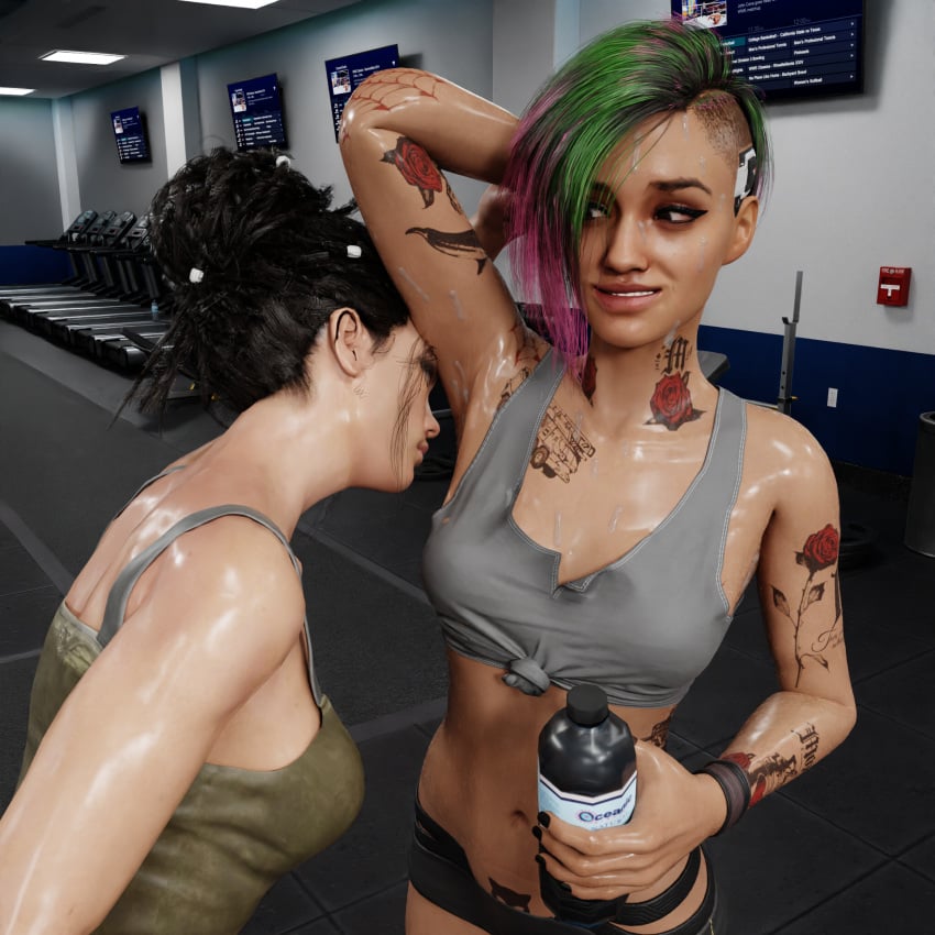 2girls 3d armpit armpits black_hair blender clothed colored_hair cyberpunk_2077 gym judy_alvarez panam_palmer smelling smelling_armpit sniffing sniffing_armpit stink stinky sweat sweatdrop sweaty theblendertaper water_bottle xps yuri