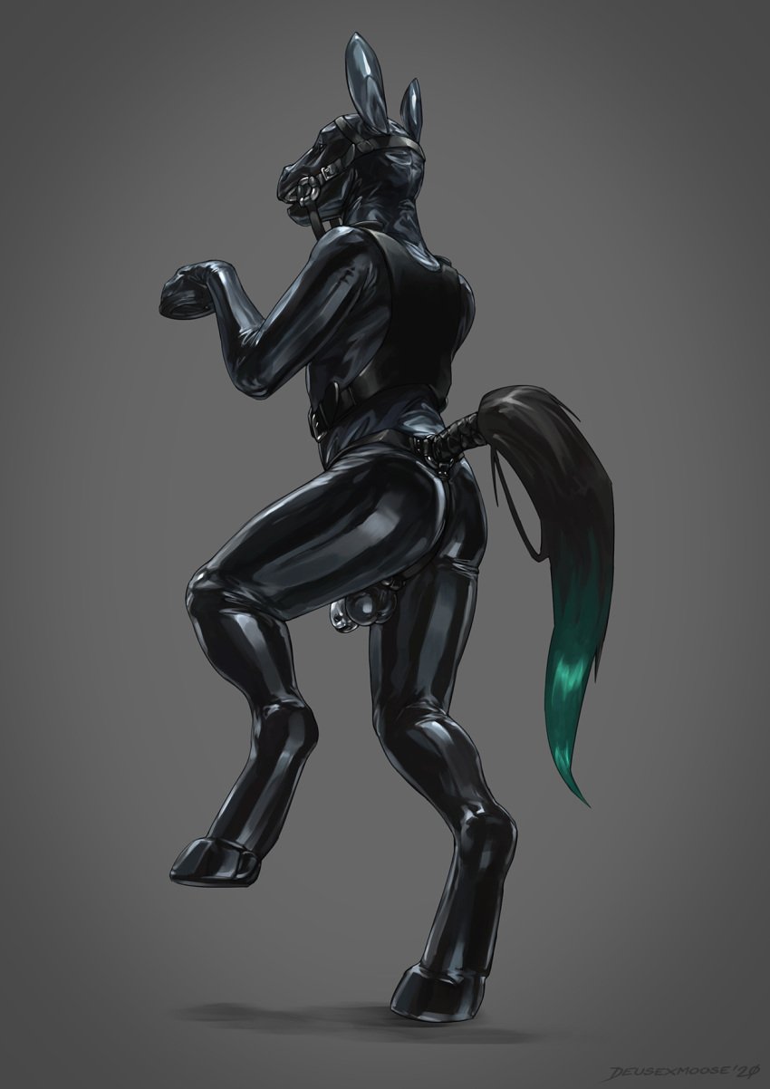 2020 ambiguous_species anthro balls bit_gag bondage buckle chastity chastity_cage chastity_device clothing deusexmoose gag genitals harness hi_res latex male male_only malesub petplay ponyplay roleplay rubber rubber_suit simple_background solo straps walking