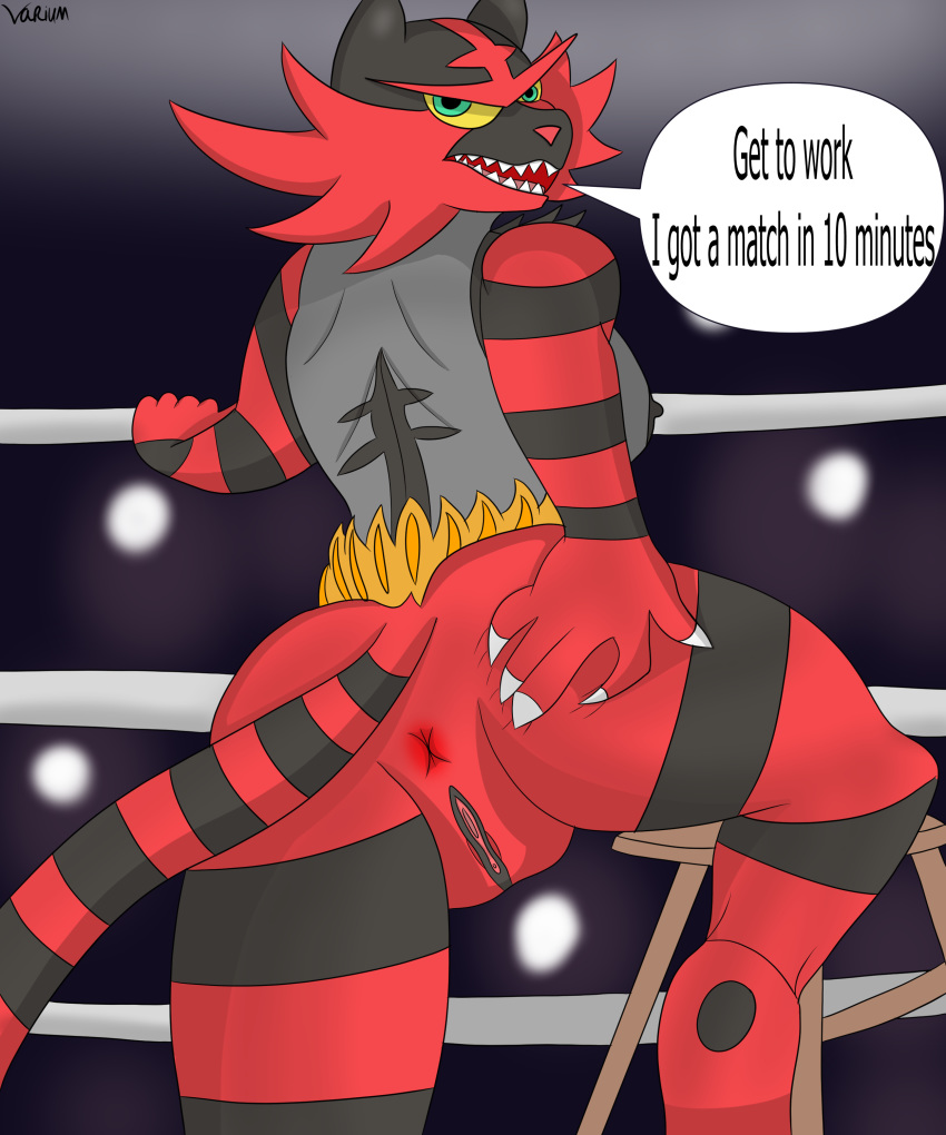 2020 absurd_res anthro anus ass breasts digital_media_(artwork) english_text female female_incineroar fighting_ring genitals hi_res incineroar looking_at_viewer looking_back nintendo nipples nude open_mouth pokémon_(species) pokemon presenting presenting_anus presenting_hindquarters presenting_pussy pussy simple_background solo speech_bubble spread_butt spreading teeth text varium video_games