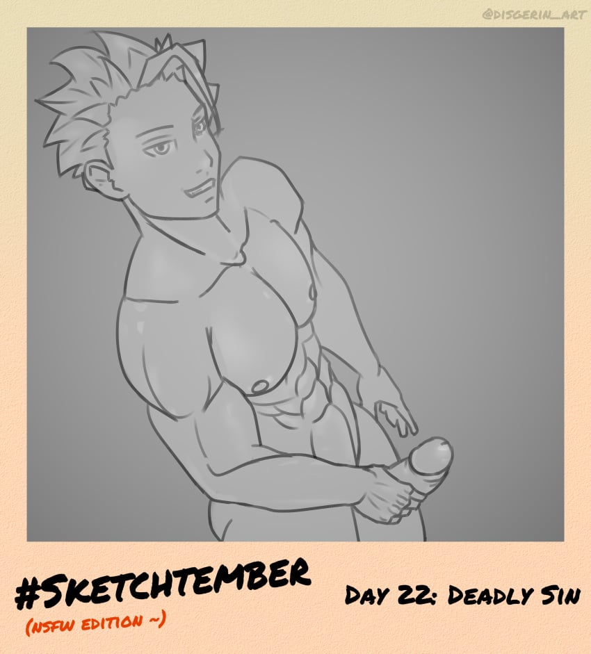 1boy abs ban_(nanatsu_no_taizai) disgerin erection greyscale highres holding_penis looking_at_viewer male male_only muscles muscular muscular_male nanatsu_no_taizai nipples nude pecs penis pov_eye_contact sketch solo_focus spiky_hair tagme thick_penis