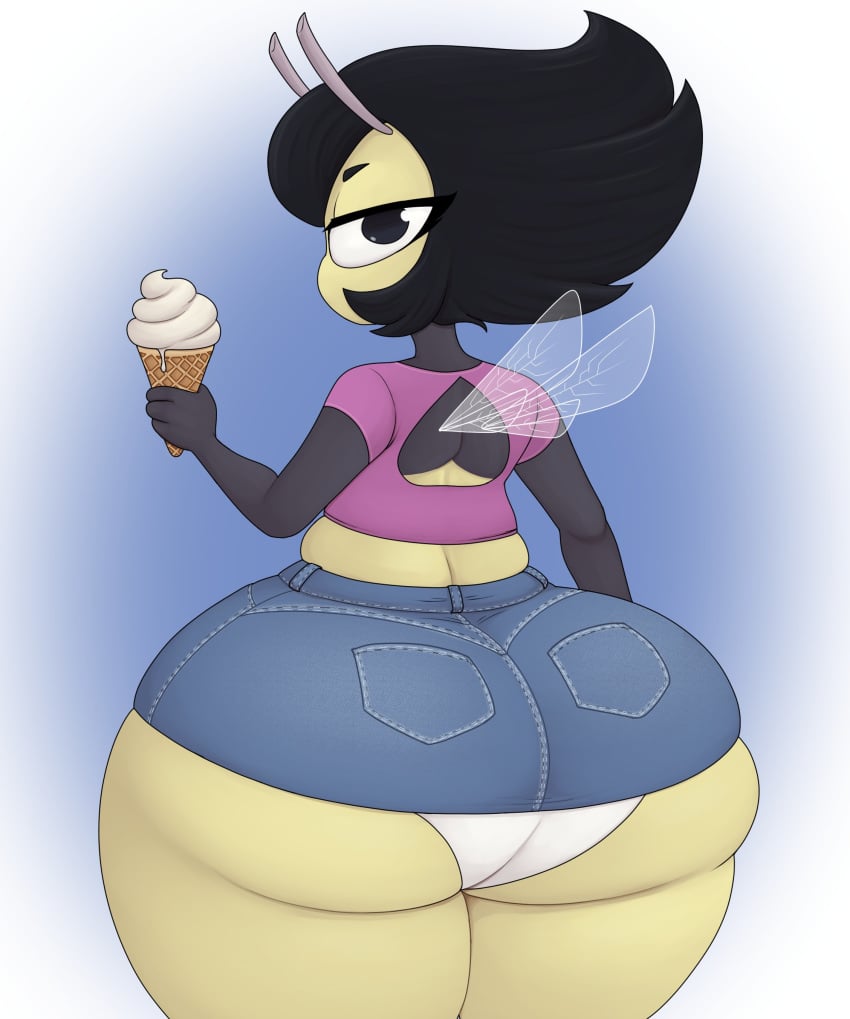 1girls antennae antennae_(anatomy) anthro ass bee bee_girl big_ass black_hair bubble_butt bursting_butt clothed denim_skirt female female_only food gradient_background hi_res huge_ass hyper_ass ice_cream ice_cream_cone insect_girl insect_wings insects karri looking_at_viewer looking_back no_mouth panties simple_background solo solo_female thick_thighs vendant white_panties yellow_skin