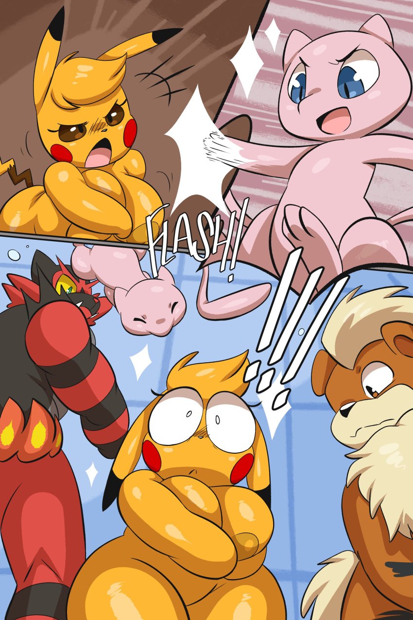 1girls 2022 3boys anthro anthro_only areola_slip areolae big_breasts blue_eyes comic comic_page cosplay_pikachu english_text exclamation_point female furry furry_only growlithe imminent_sex incineroar joaoppereiraus kanna_(joaoppereiraus) laughter male mew multicolored_fur naked nintendo nude nude_female orange_fur pikachu pikachu_libre pink_fur pokémon_(species) pokemon pokemon_(species) red_fur shortstack sound_effects surprised text thick_thighs tiger wrestling_ring yellow_eyes