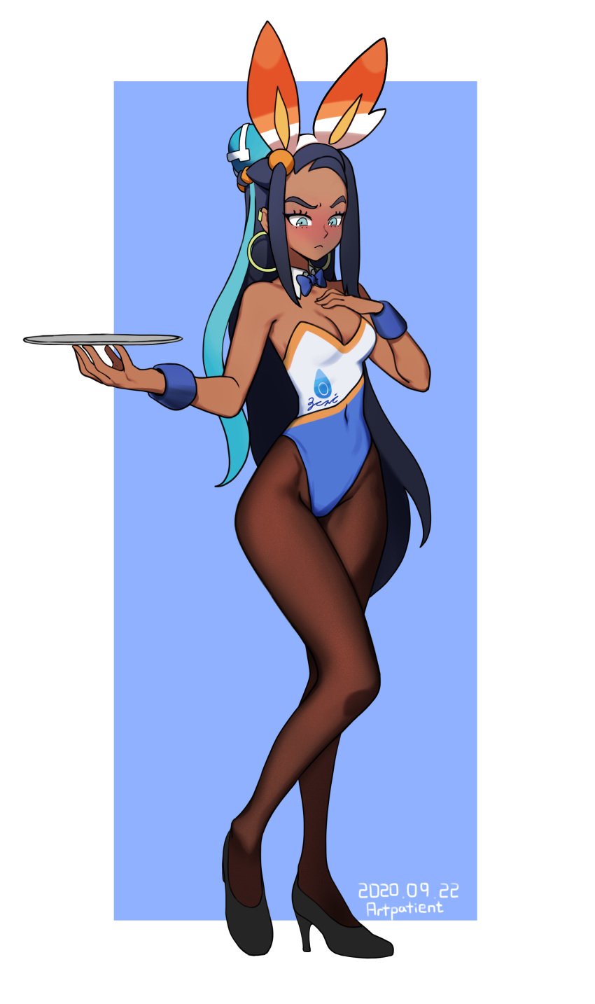 1girls 2020 artpatient blue_eyes blush bunny_ears bunnysuit cosplay dark-skinned_female dark_blue_hair dark_skin dated earrings female high_heels hoop_earrings looking_down nessa_(pokemon) nintendo pantyhose pokemon pokemon_(cosplay) pokemon_ss scorbunny_(cosplay) standing two_tone_hair