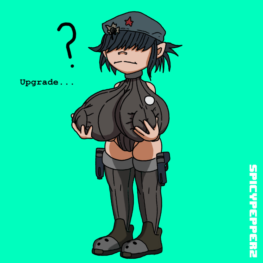 ? big_breasts bigumbuttis black_hair breast_grab breasts bullet_hole cyborg_noodle gorillaz huge_breasts large_breasts leotard nipple_bulge nipples noodle_(gorillaz) robot_girl shortstack spicypepper thick_thighs thighhighs tight_clothes tight_clothing tight_fit