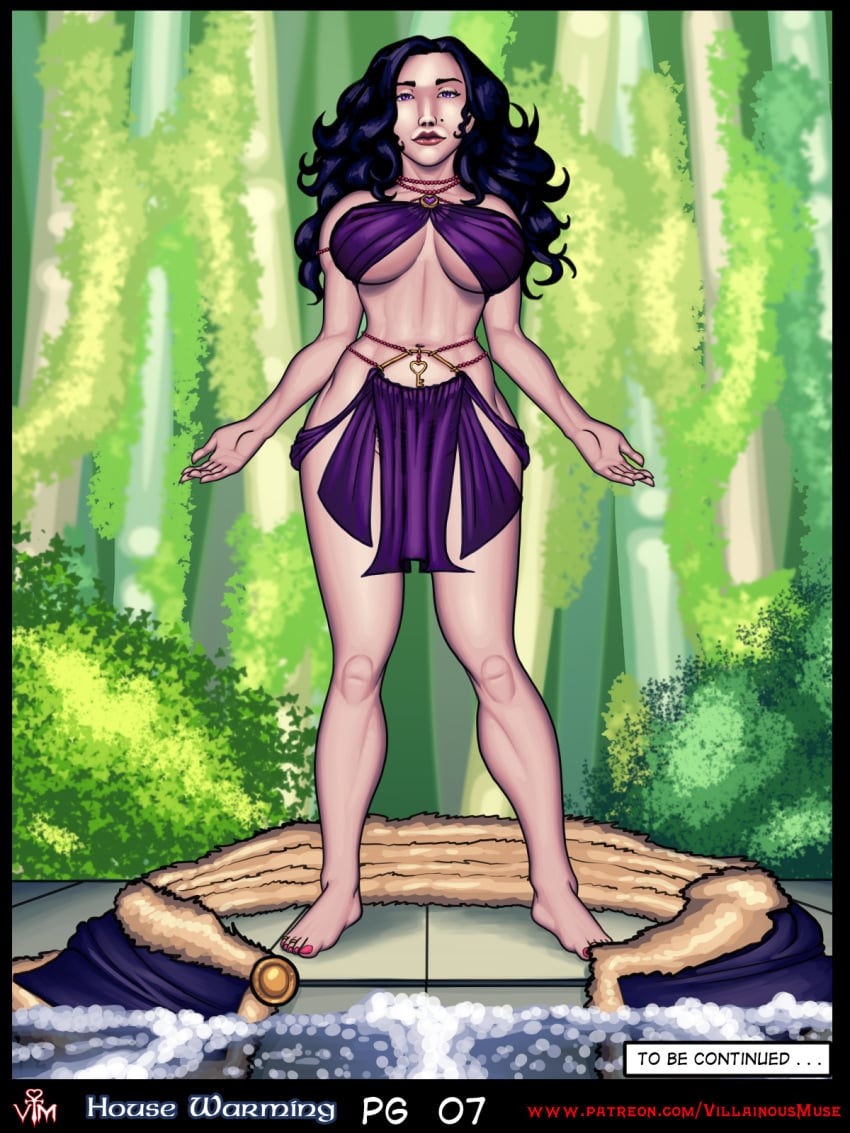 bath bathhouse bathing bikini comic dialogue english_text female large_breasts page_7 pubic_hair pubic_hair_peek see-through see-through_clothing sonya_(villainous_muse) thick_thighs villainous_muse