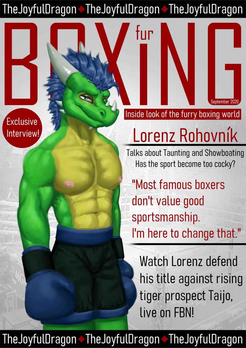 bottomwear boxing boxing_gloves clothing dragon english_text gloves handwear hi_res lorenz_(freakyy-dragon) magazine male male_only pants sport text thejoyfuldragon