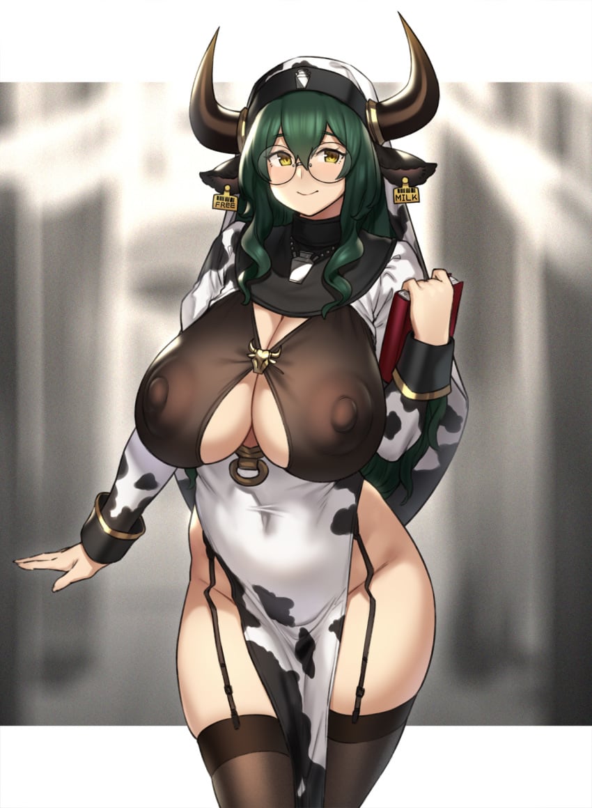 1girls areolae big_breasts breasts cow_girl cowbell cowgirl_outfit female female_only green_hair horns houtengeki huge_breasts large_breasts long_sleeve looking_at_viewer medium_hair nipples solo stockings