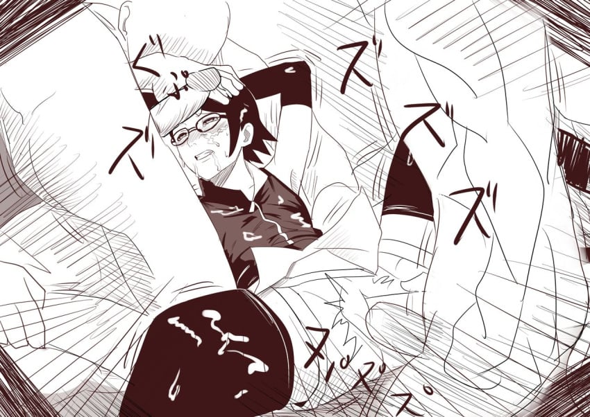 1girls 3boys arms_up bald blush boruto:_naruto_next_generations clenched_teeth cum cum_in_face foursome gangbang glasses group group_sex half-closed_eyes hand_on_head kneeling legwear long_hair lying missionary_position monochrome multiple_boys naruto naruto_(series) nier_(artist) on_back penetration penis penis_on_head sarada_uchiha spread_legs standing thighhighs unseen_male_face