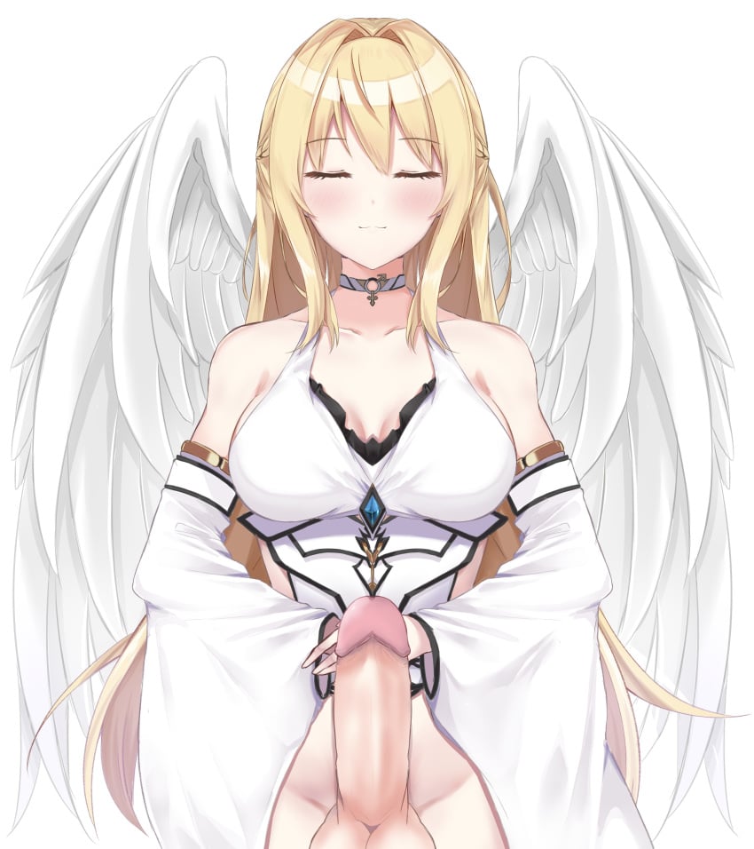 1futa absurdres angel angel_wings bare_shoulders blonde_hair blush choker closed_eyes closed_mouth collarbone detached_sleeves dinosaurus_(azimangasaurus) english_commentary erection existence eyebrows_visible_through_hair facing_viewer feathered_wings female futanari game_cg gem highres light_smile penis rhea_(existence) simple_background solo solo_futa standing testicles white_background white_sleeves white_wings wings