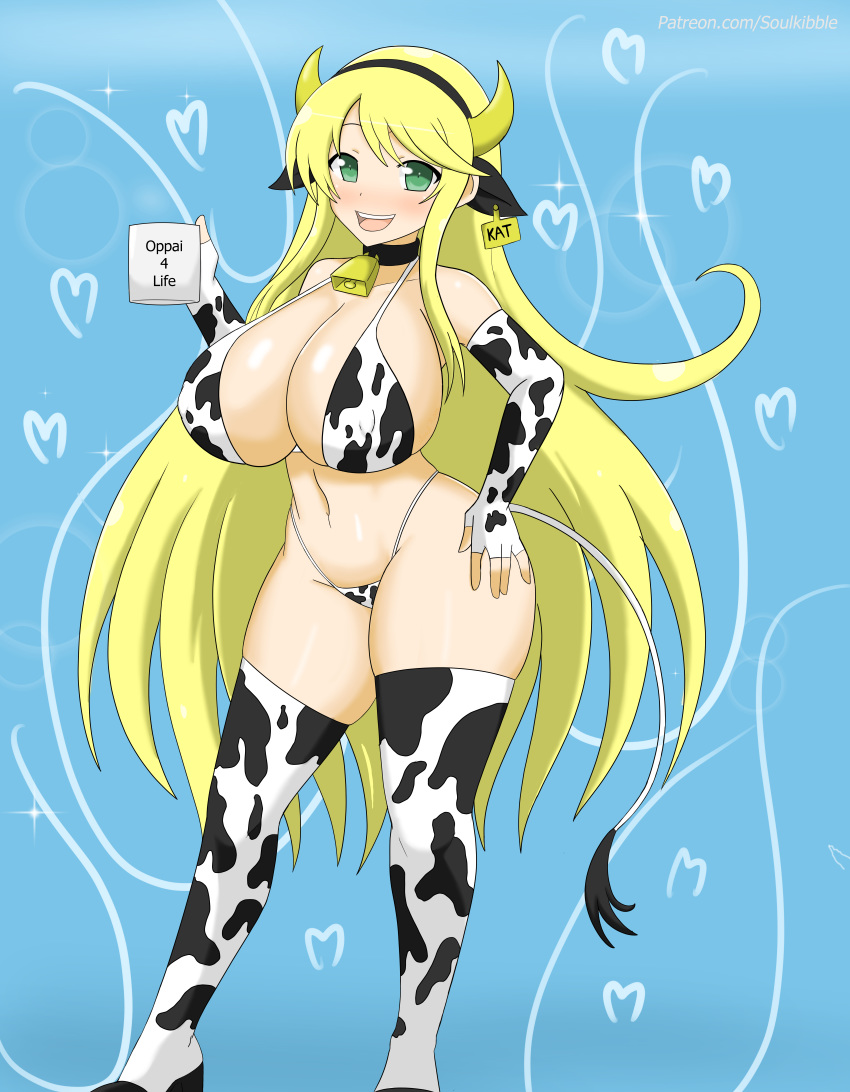 big_breasts blonde_hair cow_ears cow_girl cow_horns cow_print cow_tail cowbell green_eyes katsuragi_(senran_kagura) senran_kagura soulkibble thick_thighs thighhighs yellow_hair