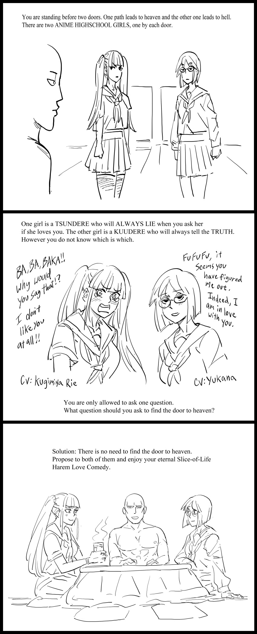 2girls absurdres bb_(baalbuddy) dialogue english_text kuudere monochrome short_hair tagme three_panels tsundere white_background