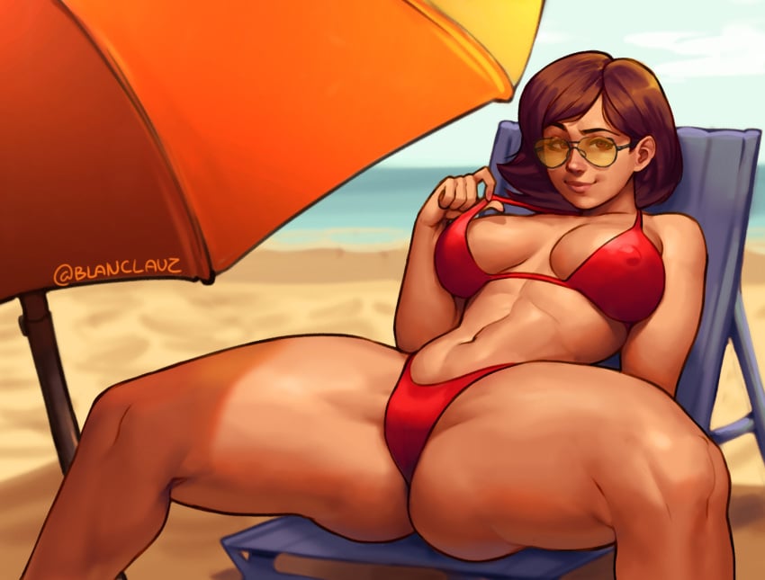 1girls abdomen beach beach_chair beach_umbrella big_breasts bikini bikini_bottom bikini_top blanclauz breasts brown_hair cleavage disney female female_focus female_only glasses helen_parr inviting large_breasts looking_at_viewer milf outdoors pixar public sci-fi science_fiction scifi seductive_eyes seductive_smile smooth_skin solo solo_female spread_legs the_incredibles thick_thighs uncensored