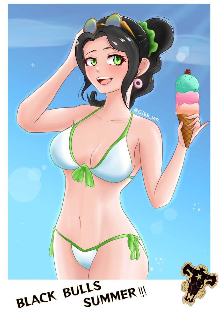 1girls beach bikini bikini_bottom bikini_top black_clover black_hair charmy_papittoson female gibb_san glasses glasses_on_head green_eyes ice_cream simple_background solo solo_female