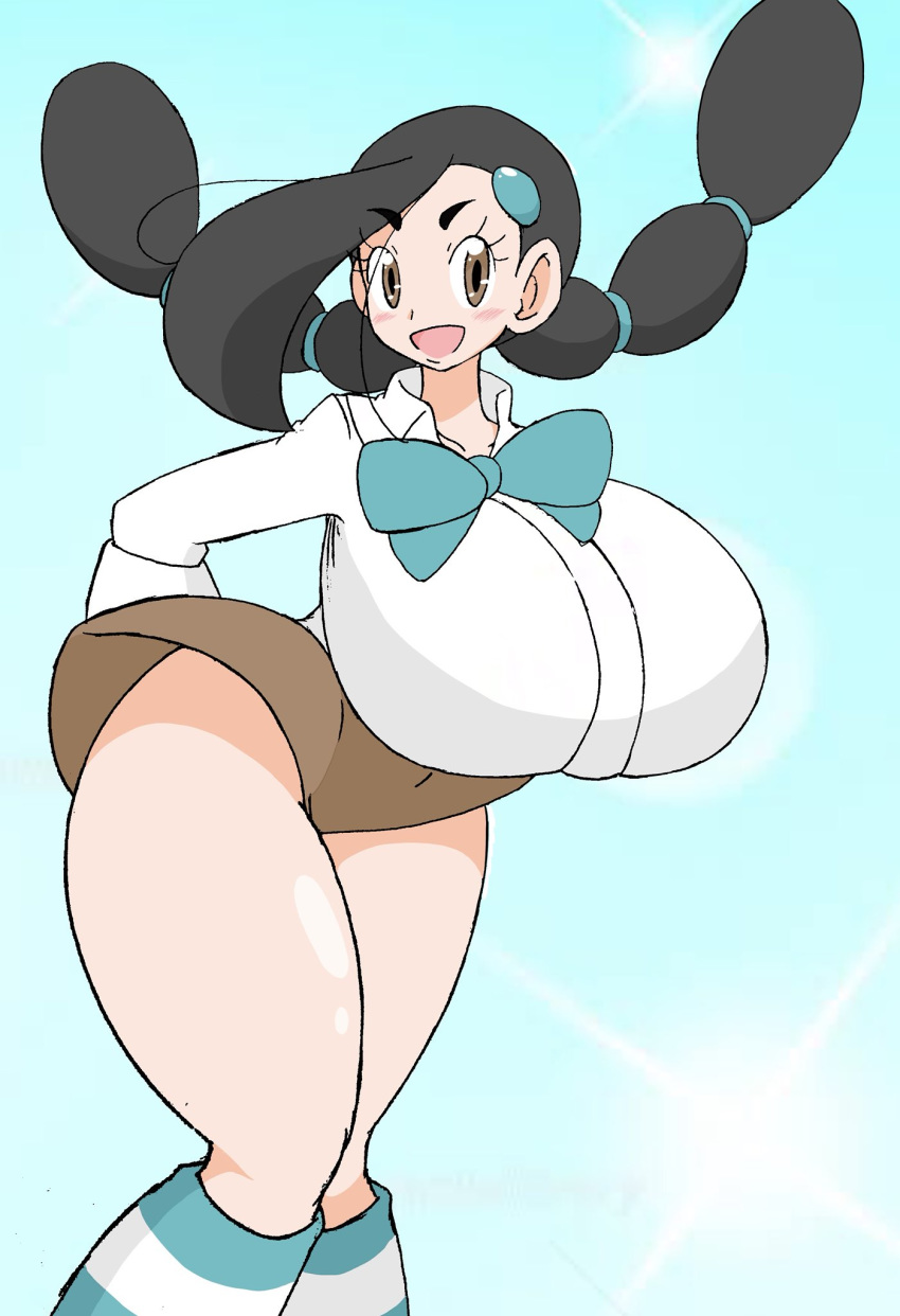 1girls black_hair blush breasts brown_eyes candice_(pokemon) collared_shirt female female_only huge_breasts nintendo nuruudon open_mouth pale-skinned_female pale_skin pokemon pokemon_dppt short_skirt skirt smile solo solo_female standing striped striped_legwear striped_socks thick_thighs twintails wide_hips