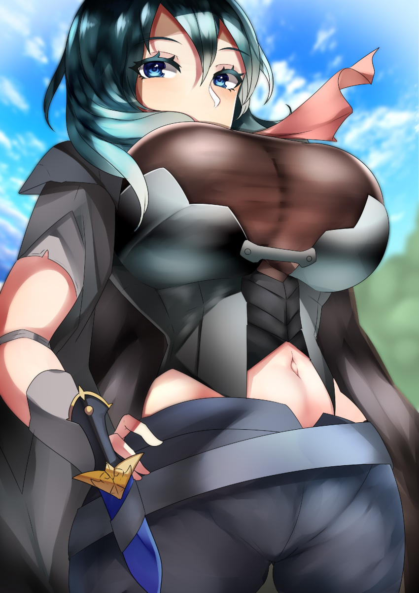 1girls big_breasts byleth_(fire_emblem) byleth_(fire_emblem)_(female) clothed_female female female_focus female_only fire_emblem fire_emblem:_three_houses from_below huge_breasts long_hair looking_down nintendo shorts solo solo_female solo_focus tea_texiamato