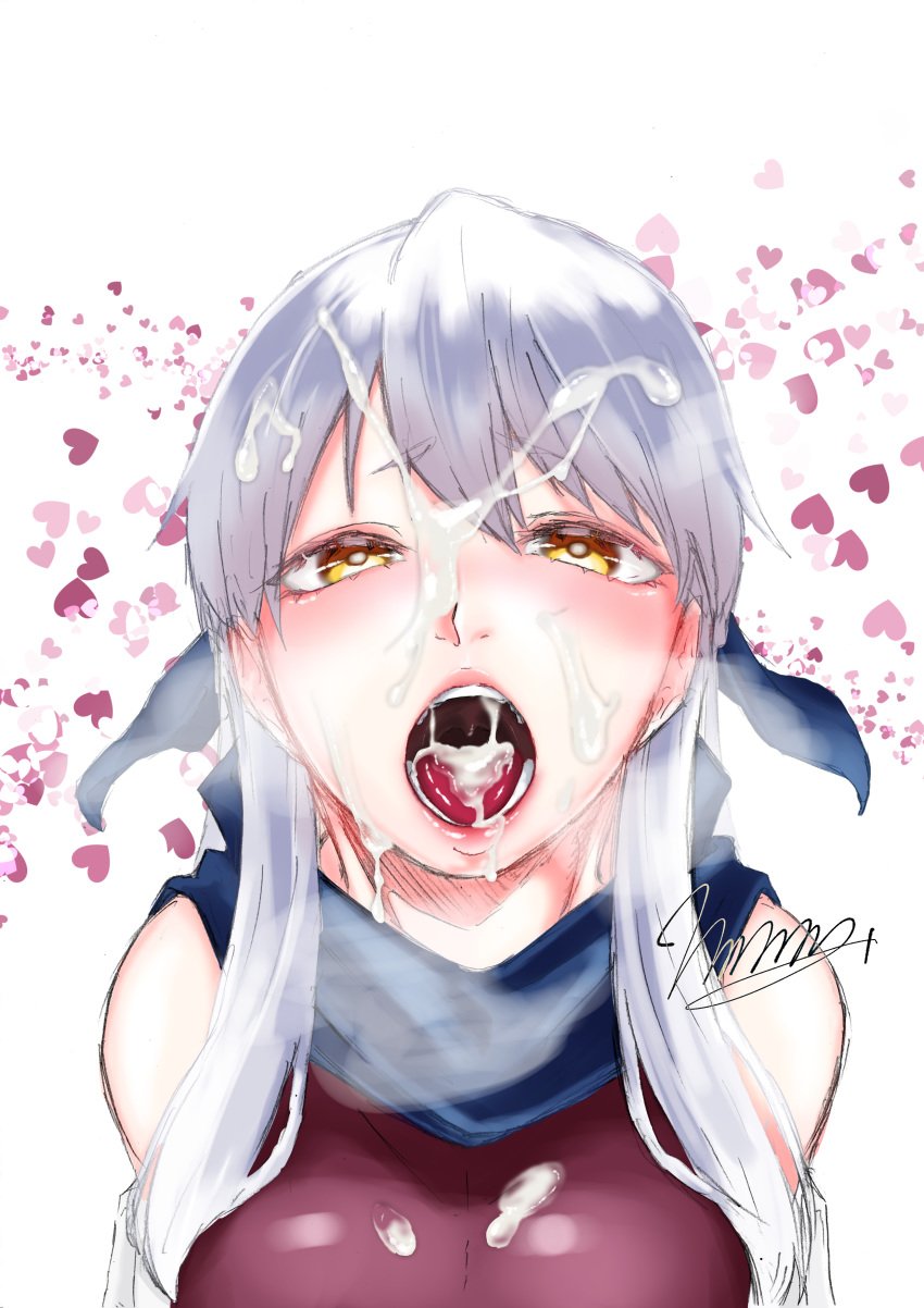 1girls big_breasts blush clothed cum cum_in_hair cum_in_mouth cum_on_breasts cum_on_face cum_on_tongue facial fire_emblem fire_emblem:_radiant_dawn heavy_breathing lips long_hair micaiah_(fire_emblem) micaiah_mrmm nintendo open_mouth scarf silver_hair tongue yellow_eyes