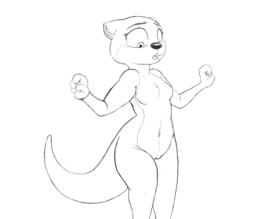 2020 anthro breasts disney featureless_breasts female genitals hi_res lutrine mammal monochrome mrs._otterton mustelid navel open_mouth portrait pussy simple_background small_breasts solo spoof_(artist) three-quarter_portrait white_background zootopia