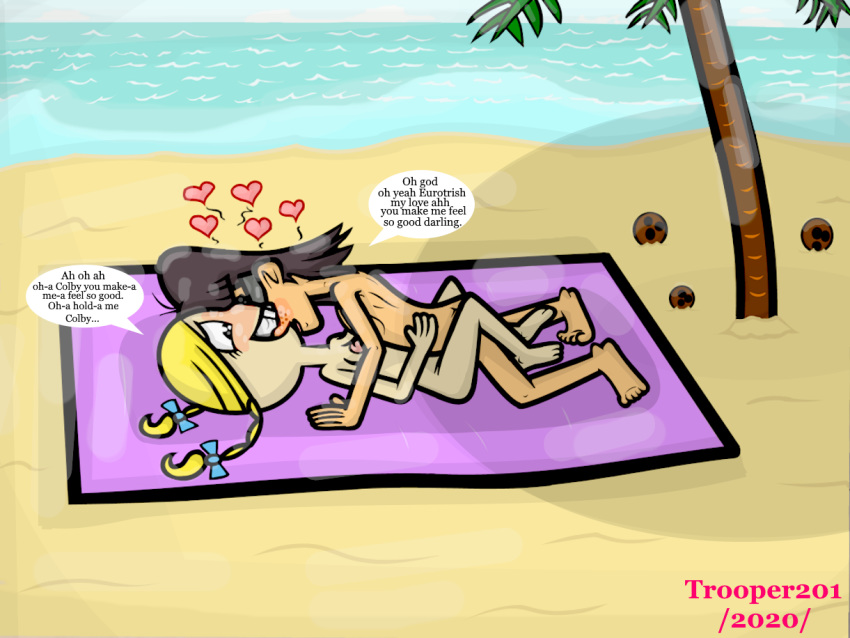 2020 beach beach_towel blonde_hair braids cartoon_network coconut coconut_tree couple dark_hair eurotrish flight_lieutenant_colby_james foster's_home_for_imaginary_friends furry glasses hands_on_hips happy happy_sex horny legs_spread lovers mating_press missionary_position palm_tree romantic_ambiance romantic_couple romantic_sex trooper201 tropical tropical_setting tropical_vacation