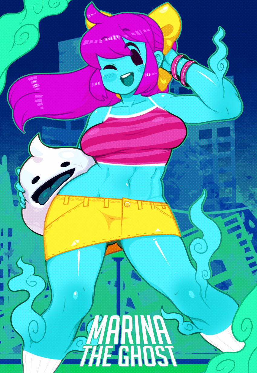 1boy 1boy1girl 1girls abs blue_body breasts crop_top female female_focus ghost ghost_girl marina_(noill) mob_face noill original original_character silkyman skirt tank_top thick_thighs thighs