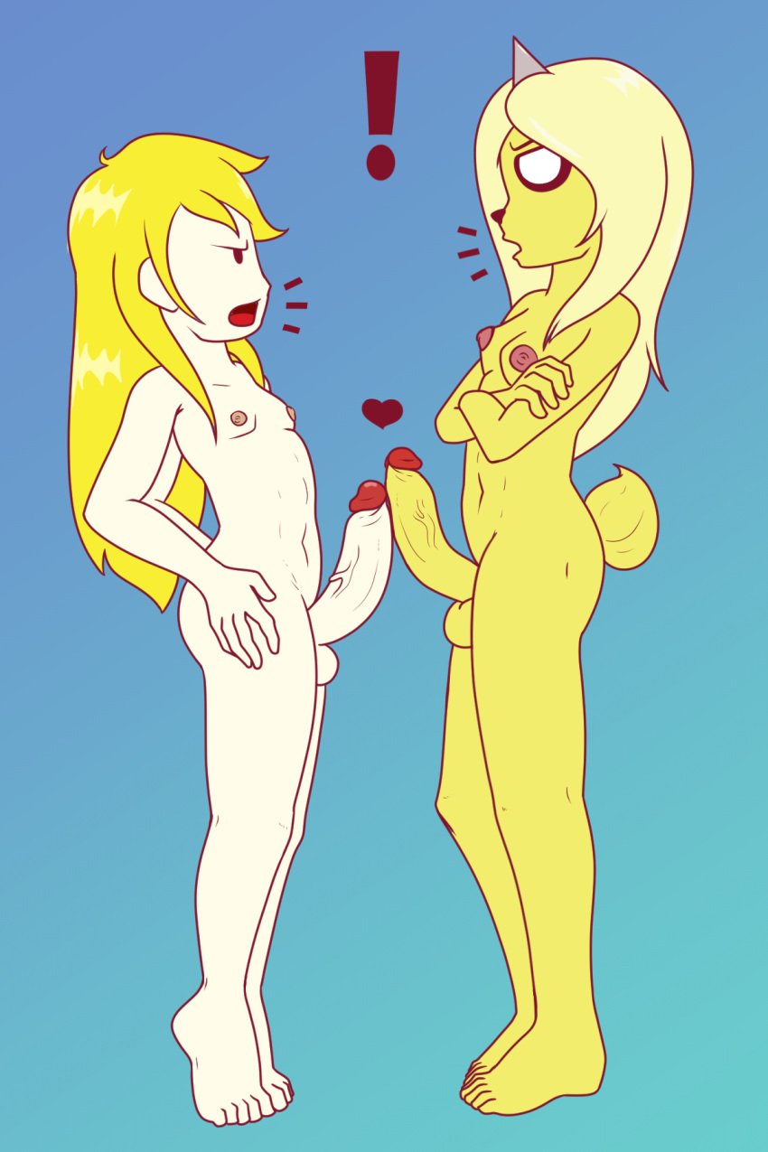 ! 2:3 adventure_time anthro balls breasts bronwyn canid canine cartoon_network duo finn_the_human frottage futanari genitals gynomorph gynomorph/male heart hi_res human intersex intersex/male kamikiller male mammal nude penis rainicorn sex