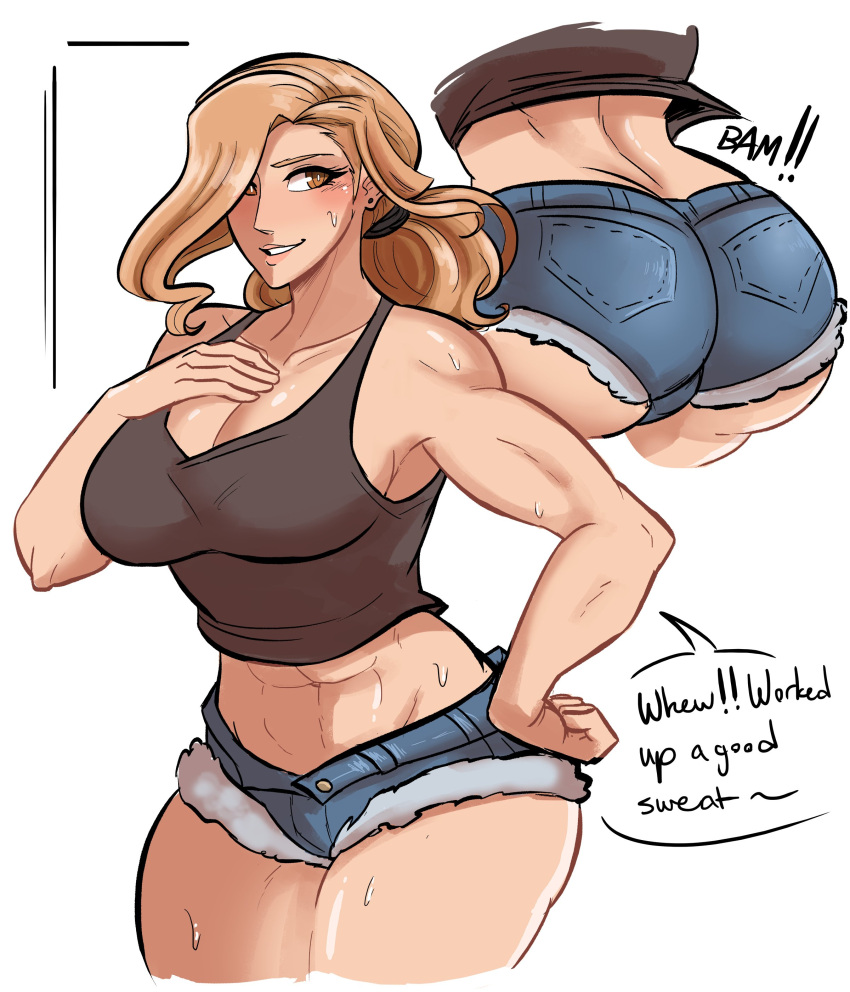 1girls 2020s 2021 abs absurdres ass ass_focus bam!! biceps big_ass big_breasts blonde_hair blue_bottomwear breasts brown_eyes brown_topwear close-up daisy_dukes dark_blonde dark_blonde_hair denim denim_shorts digital_drawing_(artwork) dirty_blonde dirty_blonde_hair english_text female front_view half_squat hand_on_breasts hand_on_chest hand_on_hip happy highres human image kisara_(tales) large_breasts light-skinned_female light_skin long_hair multiple_views muscular muscular_arms muscular_female rear_view sandy_blonde sandy_blonde_hair scruffyturtles shiny_breasts shiny_hair shiny_legs shiny_skin shorts simple_background smile smirk solo solo_female standing sweat sweaty sweaty_face sweaty_legs tales_of_(series) tales_of_arise tank_top text tomboy western_art white_background