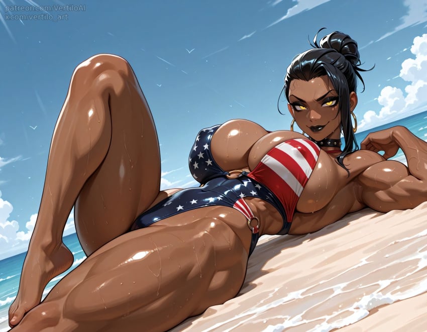 1girls ai_generated american_flag_bikini andressa_(coffee) beach black_lipstick cleavage covered_nipples dark-skinned_female dark_skin feet hair_bun hoop_earrings huge_breasts knee_up lying makeup muscular muscular_female one-piece_swimsuit original original_character posing swimsuit thick_thighs toned toned_female vertiloart