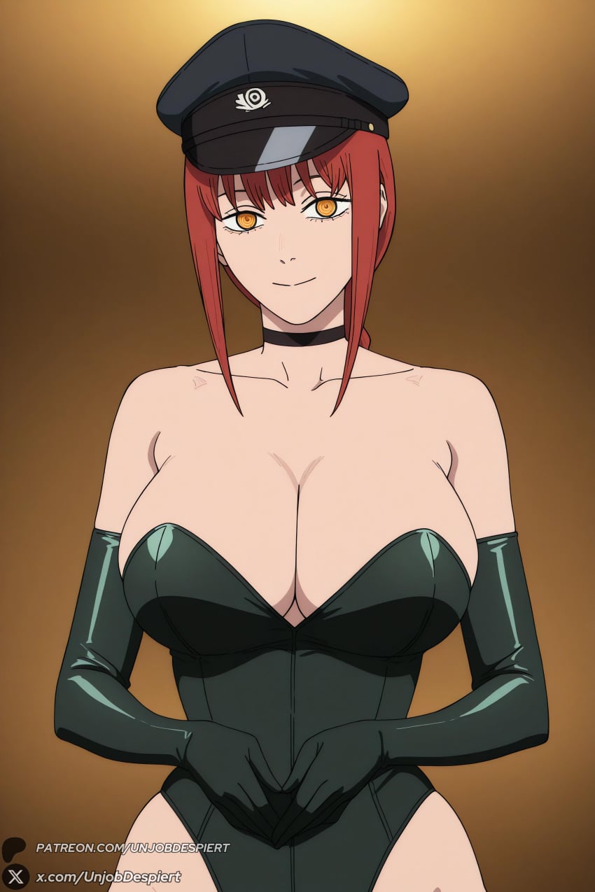 1female 1girl 1girls 2026 ai_generated alternate_costume artist_name bangs bare_shoulders big_ass big_breasts black_choker black_gloves black_headwear braid braided_ponytail breasts brown_background chainsaw_man choker cleavage closed_mouth collarbone curvy dominatrix elbow_gloves gloves gradient gradient_background hat hi_res high_quality high_resolution highres huge_ass huge_breasts large_breasts latex latex_gloves leotard looking_at_viewer makima_(chainsaw_man) patreon patreon_username peaked_cap red_hair ringed_eyes sidelocks smile solo strapless unjobdespiert watermark yellow_eyes