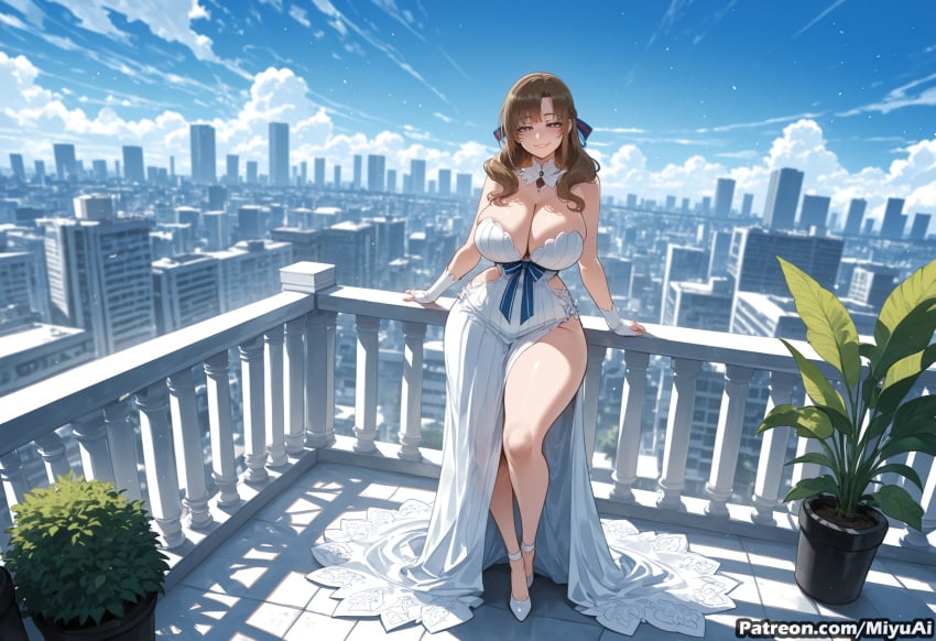 1girl ai_assisted ai_generated bangs bare_shoulders blue_sky blush breasts brown_hair building cleavage cloud curvaceous curvy curvy_female curvy_figure day dress earrings female flower full_body gloves hair_ornament high_heels jewelry large_breasts long_hair looking_at_viewer miyuai mole necklace oosuki_mamako outdoors plant railing sky smile solo standing strapless thick thick_ass thick_butt thick_hips thick_legs thick_thighs thighs tree tsuujou_kougeki_ga_zentai_kougeki_de_ni-kai_kougeki_no_okaasan_wa_suki_desu_ka? voluptuous voluptuous_female white_dress wide_hips wide_thighs