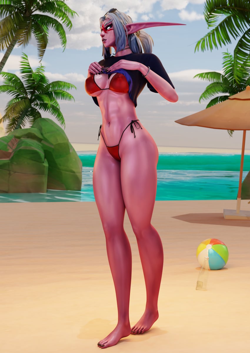 2026 3d beach beach_ball beach_umbrella bikini bikini_bottom bikini_top elf elf_ears eyewear_on_head facial_markings female glowing_eyes grand_theft_auto_vi mrtaxman necklace night_elf ocean painted_nails palm_tree pointed_ears red_bikini shirt_lift stalaisa sunglasses white_hair world_of_warcraft