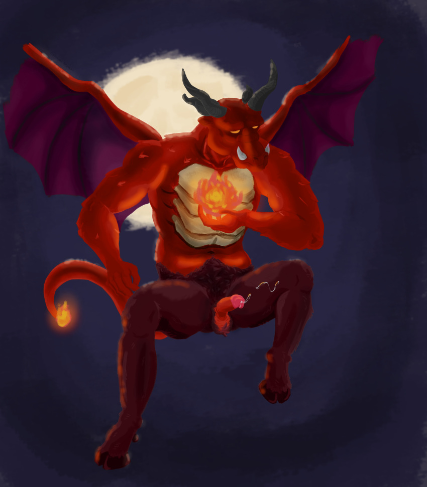 absurd_res anthro bodily_fluids charcoal_inpachi demon elemental_manipulation erection fire fire_manipulation flying genital_fluids hairy_legs hi_res hooves horn male male_only night precum precum_drip pubes solo solo_focus tusks wings