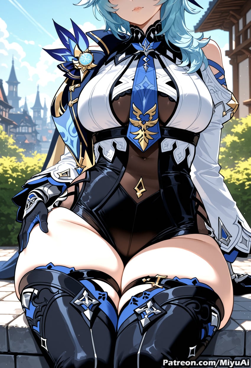 1girl ai_assisted ai_generated bangs bare_shoulders black_legwear blue_hair boots breasts curvaceous curvy curvy_female curvy_figure eula_(genshin_impact) female genshin_impact gloves hair_ornament large_breasts leotard long_hair looking_at_viewer miyuai mole multicolored_hair sitting sky solo thick thick_ass thick_butt thick_hips thick_legs thick_thighs thigh_boots thighhighs thighs voluptuous voluptuous_female wide_hips wide_thighs