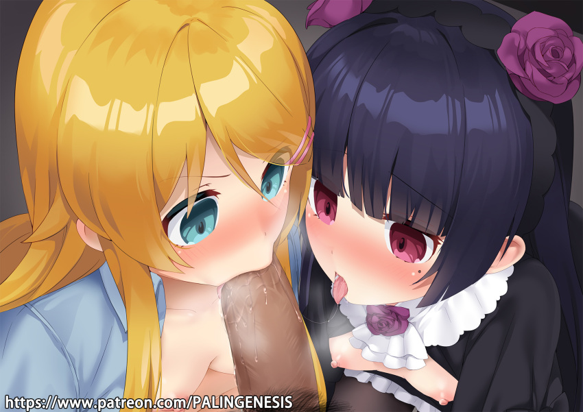 1boy 2girls aqua_eyes black_hair blonde_hair blue_shirt blush breasts collaborative_fellatio dark-skinned_male faceless_male fellatio flower gokou_ruri gothic_lolita hair_ornament hairclip highres hime_cut kousaka_kirino lolita_fashion long_hair mole mole_under_eye multiple_girls mvv nipples nose_blush open_clothes open_mouth open_shirt oral orange_hair ore_no_imouto_ga_konna_ni_kawaii_wake_ga_nai penis pov purple_flower purple_rose red_eyes rose saliva saliva_trail shirt small_breasts straight teamwork tongue tongue_out