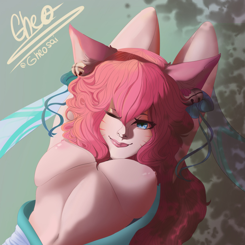 ahri blue_eyes breasts league_of_legends magenta_hair nipples nude spirit_blossom spirit_blossom_ahri spirit_blossom_series twitter_username