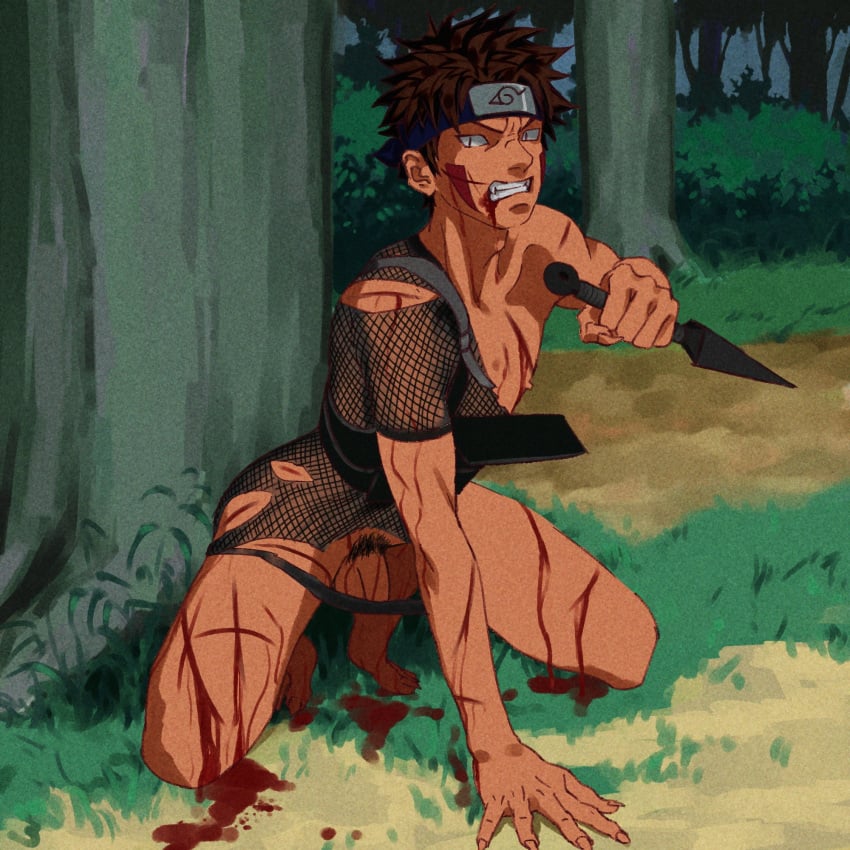 1boy angry balls barefoot black_eyes black_panties bleeding blood briefs brown_hair clenched_teeth clothed clothing facepaint feet fishnet_bodysuit fishnet_shirt fishnets flaccid forehead_protector forest gritted_teeth headband inuzuka_kiba legs looking_at_viewer maiheihei male male_only naruto naruto_(series) naruto_shippuden nature nipples outdoors outside panties pants_down penis pubes pubic_hair ripped_clothing sitting solo solo_focus solo_male tan_skin teeth testicles thighs toes trees