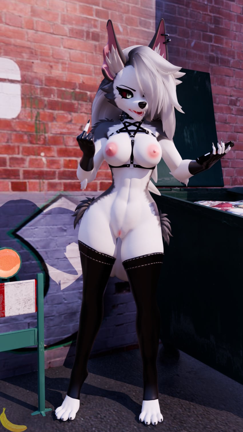 3d 3d_(artwork) alley alleyway annoyed annoyed_expression artist_logo artist_name barefoot barrier blender building choker damaged_ear dumpster ear_piercing ear_tuft evening exposed_breasts exposed_pussy female_focus female_only flipping_off flipping_the_bird flipping_viewer_off furry furry_female furry_only gloves helluva_boss latex long_hair looking_at_phone loona_(bysamzan) loona_(helluva_boss) muffintop20 naked naked_female nipples on_phone outdoors outside partially_clothed pentagram pussy red_sclera self_upload small_breasts solo solo_female thigh_highs torn_ear watermark white_eyes white_fur white_hair wolf wolf_ears wolf_girl wolf_humanoid wolf_tail