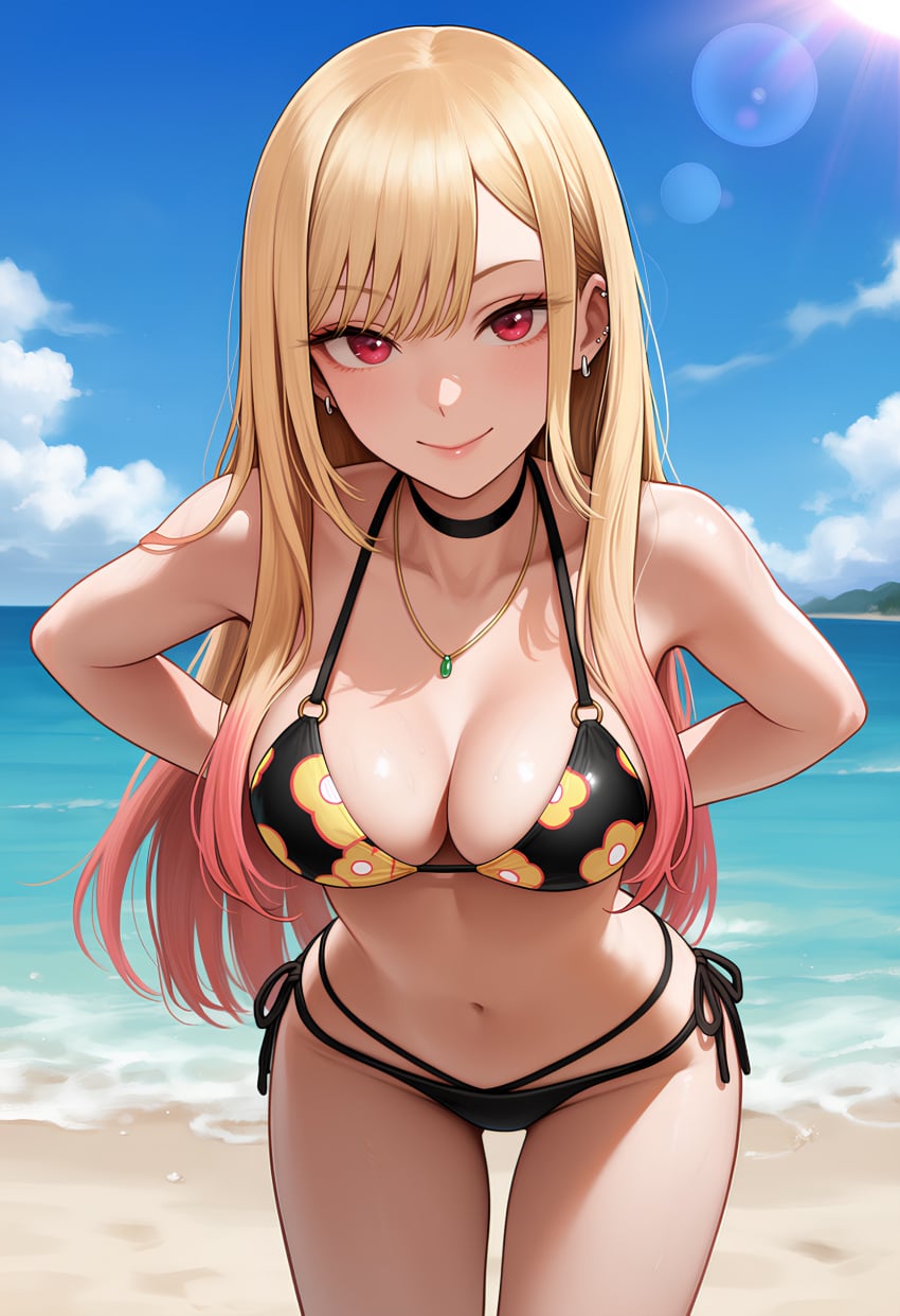 1girls 2026 2d 2d_(artwork) against_wall ai_generated beach beach_background bikini bikini_bottom bikini_top blonde blonde_female blonde_hair bra breasts cleavage digital_drawing_(artwork) digital_media_(artwork) female female_focus female_only hi_res high_quality high_resolution highres kitagawa_marin leaning leaning_forward light-skinned_female light_skin looking_at_viewer marin_kitagawa medium_breasts my_dress_up_darling panties pose posing presenting red_eyes seductive_eyes seductive_look seductive_pose seductive_smile showing_off smile smiling thick_thighs underwear