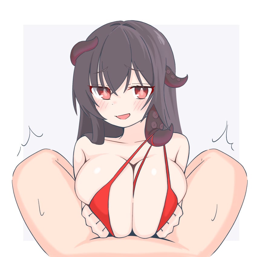1boy 1girls alternate_costume azur_lane bikini_top black_hair blush breasts huge_breasts light-skinned_female light-skinned_male light_skin male_pov official_alternate_costume paizuri paizuri_lead_by_female pov red_bikini_top red_eyes royal_fortune_(azur_lane) royal_fortune_(eyes_on_the_prize)_(azur_lane) swimsuit tempesta_(azur_lane) tentacle_hair tentacles