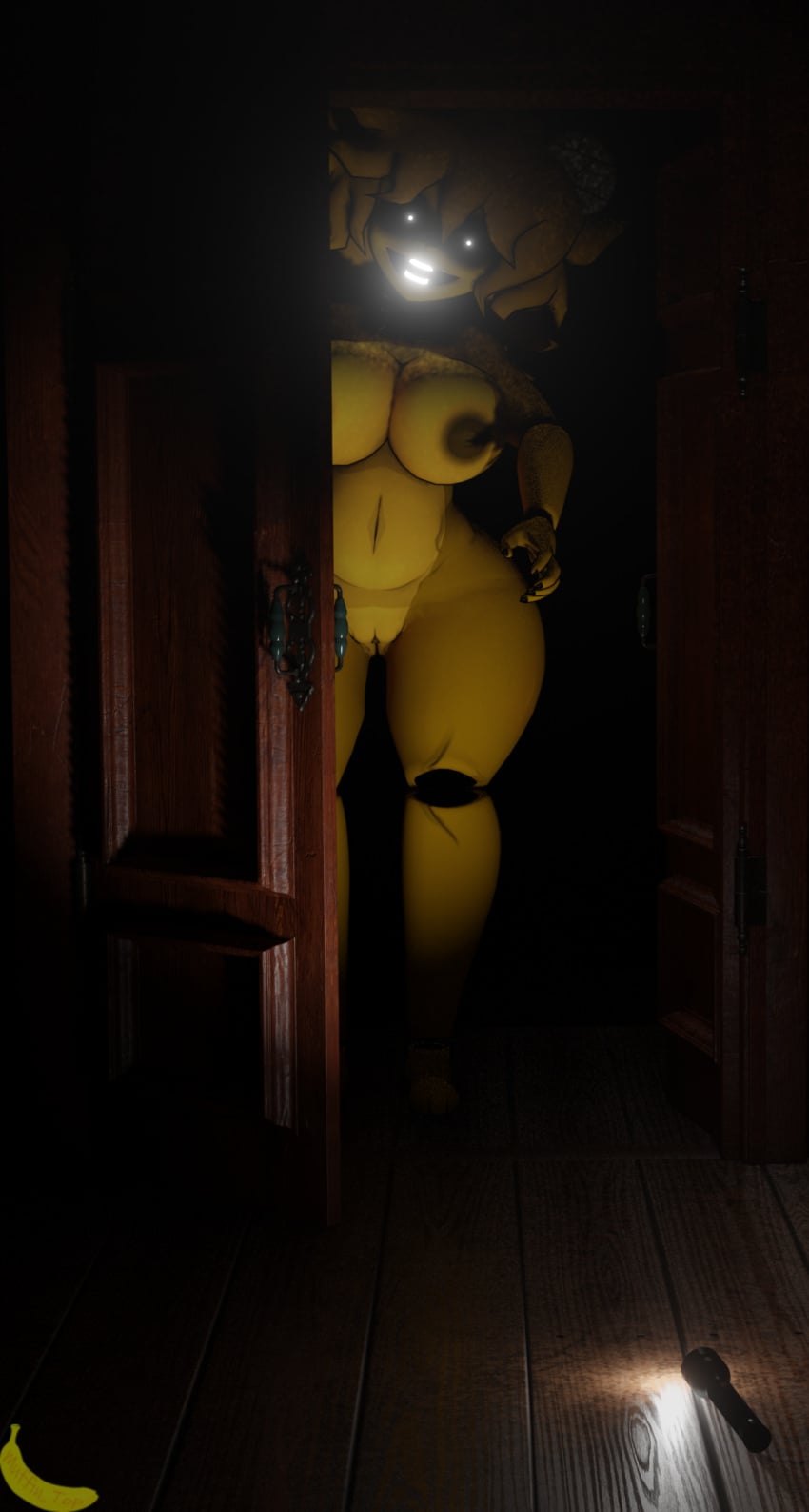 3d 3d_(artwork) artist_logo artist_name big_breasts big_thighs blender boobs chasing dark darkness door doorway fap_nights_at_frenni's female female_focus female_only five_nights_at_freddy's flashlight fredina's_nightclub furry furry_female furry_only glowing_eyes golden_freddy_(fnaf) golden_fredina_(cally3d) light looking_at_viewer muffintop20 naked naked_female reaching_towards_viewer scary self_upload smile smiling_at_viewer solo taller_female type_0 type_0_(cryptiacurves) watermark wooden_door wooden_floor yandere yandere_eyes