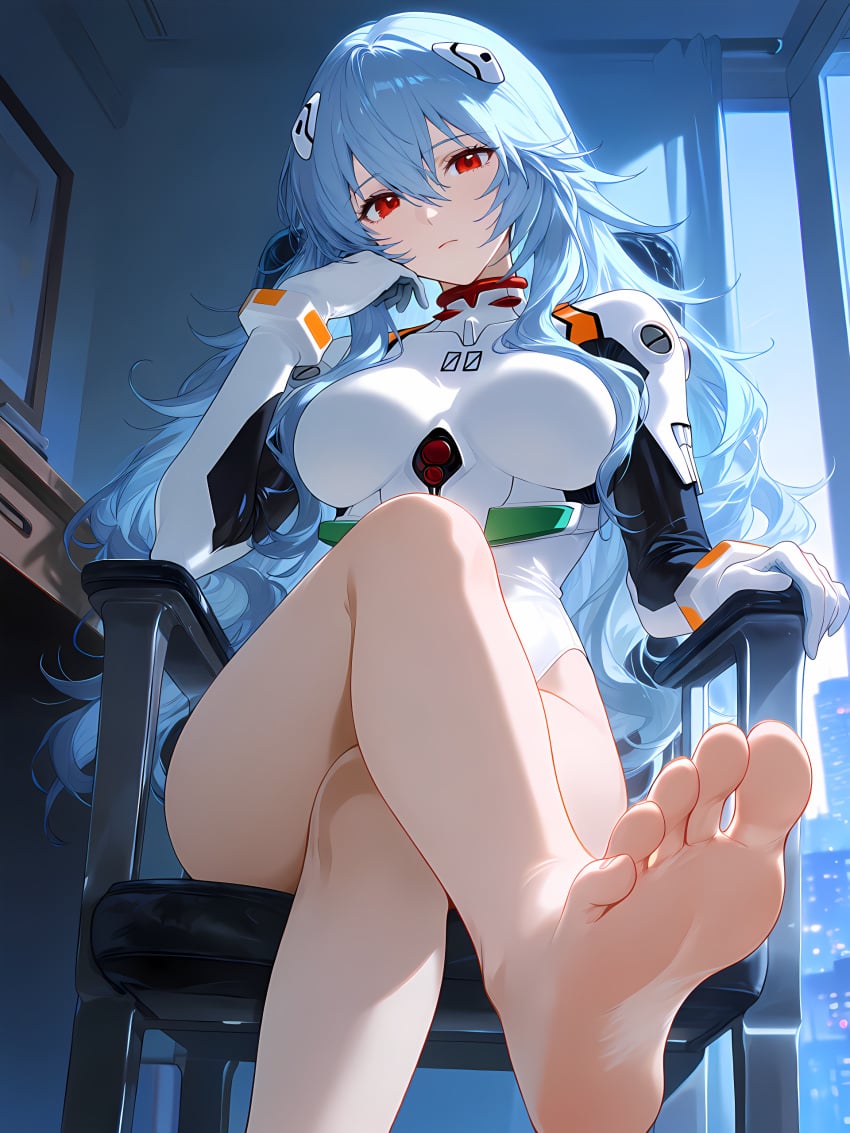 ai_generated arm_support ayanami_rei bare_legs barefoot bedroom blue_hair bodysuit chair crossed_legs evangelion feet foot_fetish hair_clips hips large_breasts long_hair looking_at_viewer neon_genesis_evangelion night nighttime pale_skin plugsuit_(evangelion) red_eyes rei_ayanami self_upload sitting soles toes white_bodysuit window