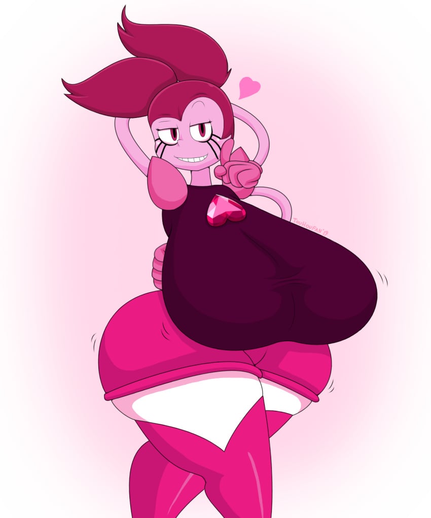 big_breasts breasts cartoon_network gem_(species) girkirby heart hips large_hips pig_tail pink pink_hair smile spinel_(steven_universe) steven_universe thick_thighs thighs touhoufan