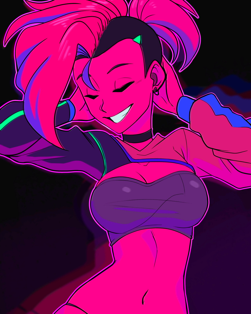 1girls blue_hair breasts choker cleavage closed_eyes clothed dancing detached_sleeves dirtyero_(artist) dyed_hair earrings female female_only grin hands_behind_head highres large_breasts midriff moika navel neon pink_hair plain_background side_shave smile solo thong tubetop two_tone_hair