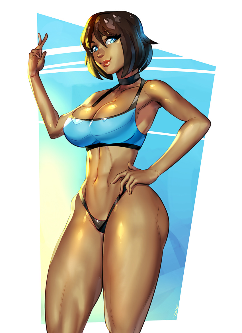 1girls avatar_legends big_breasts blue_eyes bra brown_hair choker dark-skinned_female dark_skin female female_focus female_only female_protagonist human human_only korra large_breasts looking_at_viewer panties short_hair smile solo solo_female solo_focus sports_bra the_avatar the_legend_of_korra thong water_tribe xdtopsu01