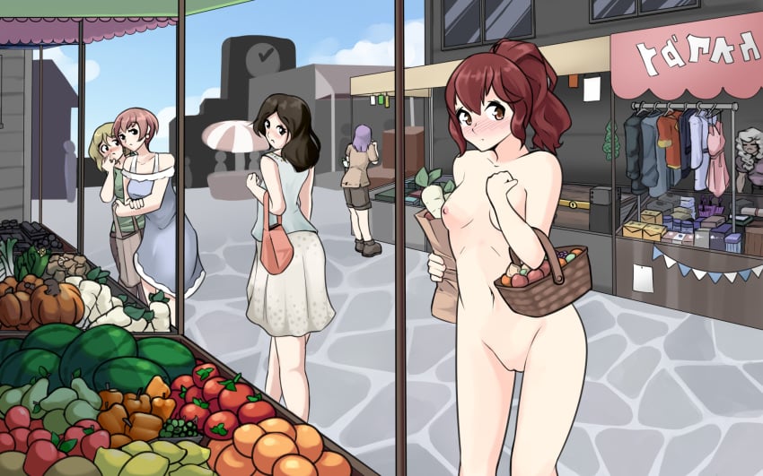 5girls anew_(artist) anewenfartist anna_(fire_emblem) anna_(fire_emblem_fates) blush brown_eyes casual casual_exposure casual_nudity completely_nude completely_nude_female embarrassed embarrassed_nude_female enf exhibitionism exhibitionist fire_emblem fire_emblem_fates grocery grocery_bag nintendo nipples nude nude_female nudist outdoors ponytail public public_exposure public_nudity red_eyes red_hair small_breasts